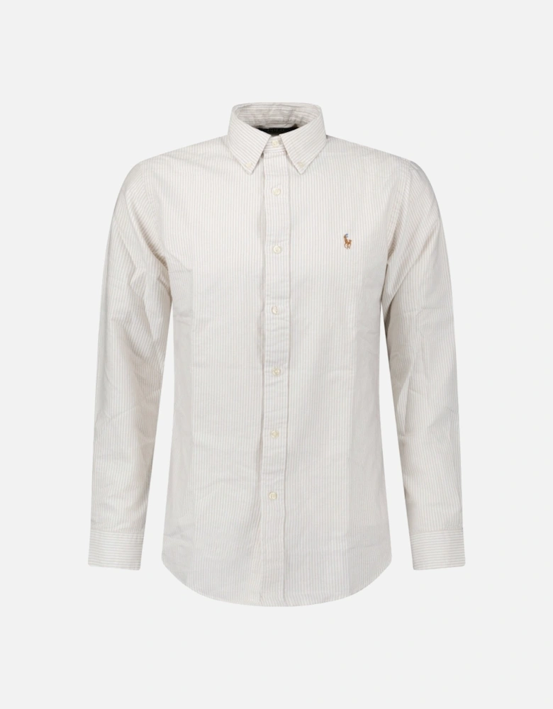 Striped Long Sleeve Sport Shirt in White/Beige
