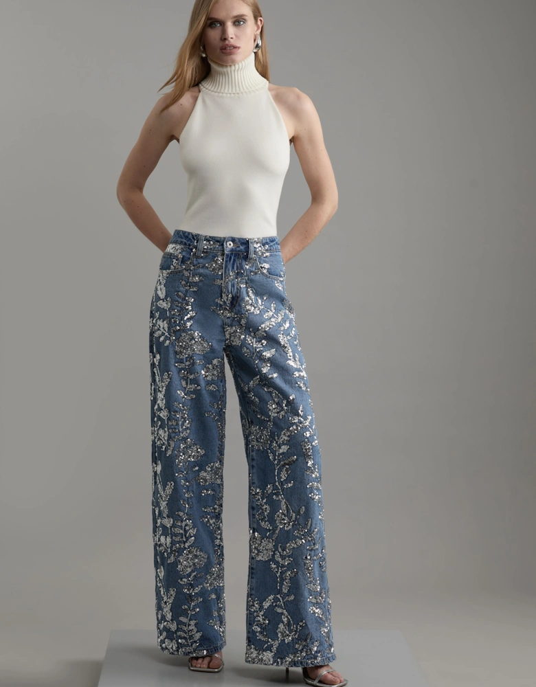 Denim All Over Floral Sequin Wide Leg Trousers