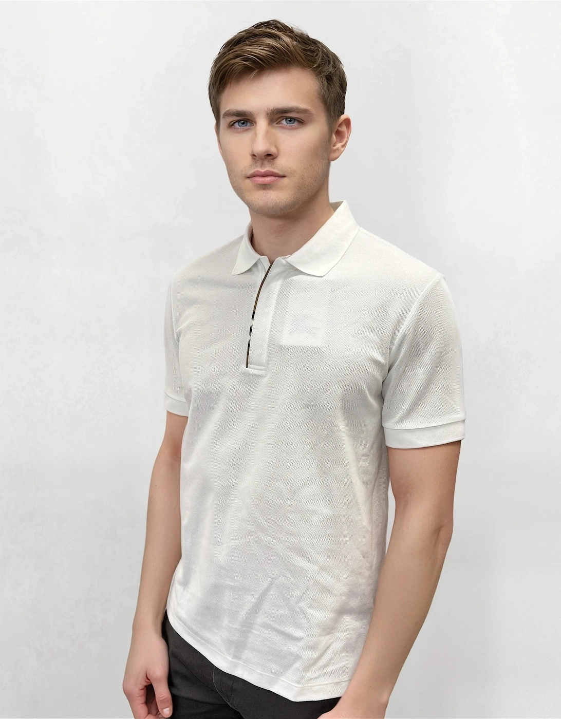 'Hartford' Check Placket Zip Polo White