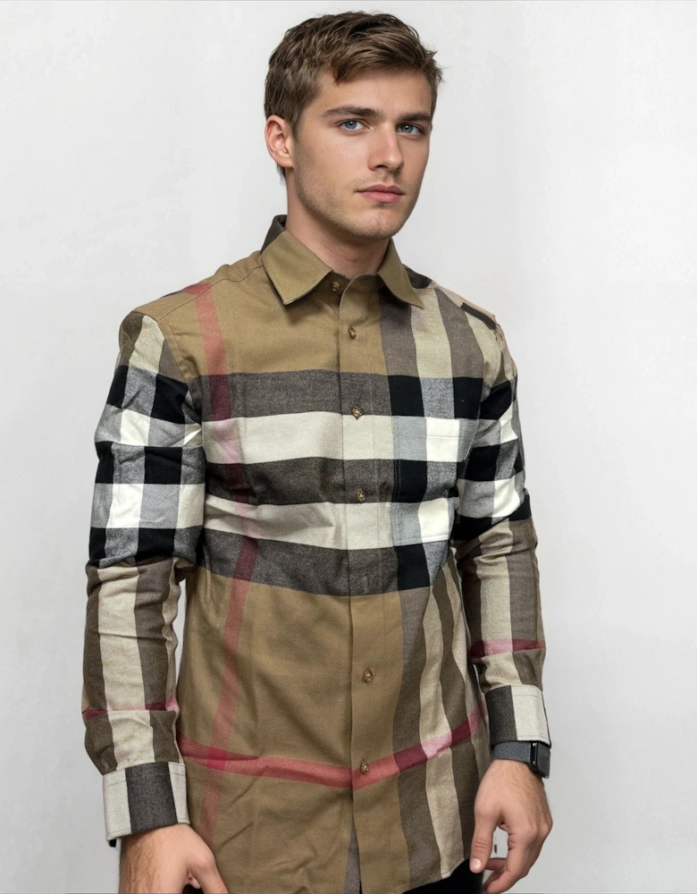 'Claverdon' Check Shirt in Taupe Brown