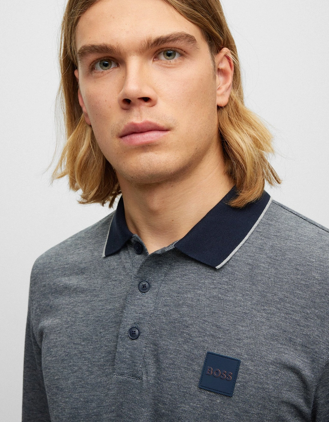 BOSS Orange Peoxfordlong Mens Long Sleeve Pique Polo Shirt - Grey 090