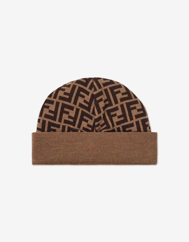 Kids Wool FF Logo Reversible Beanie Hat in Brown