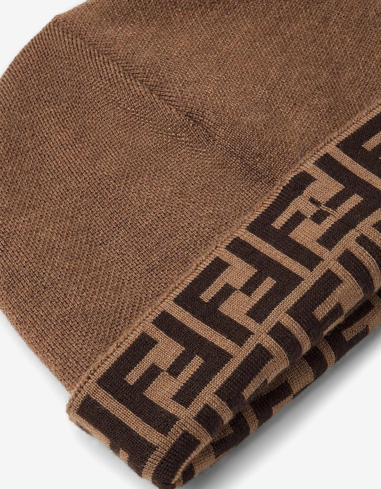 Kids Wool FF Logo Reversible Beanie Hat in Brown