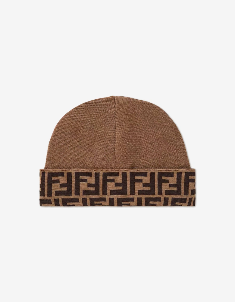 Kids Wool FF Logo Reversible Beanie Hat in Brown