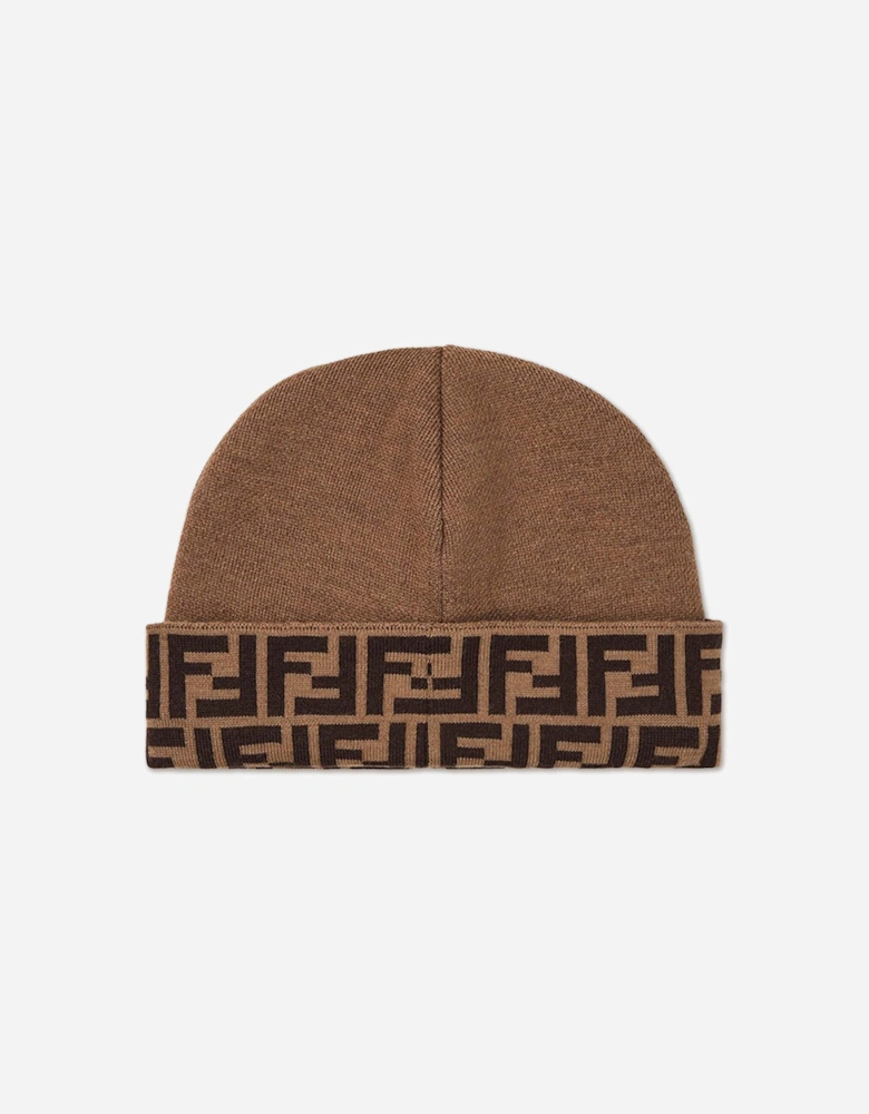 Kids Wool FF Logo Reversible Beanie Hat in Brown