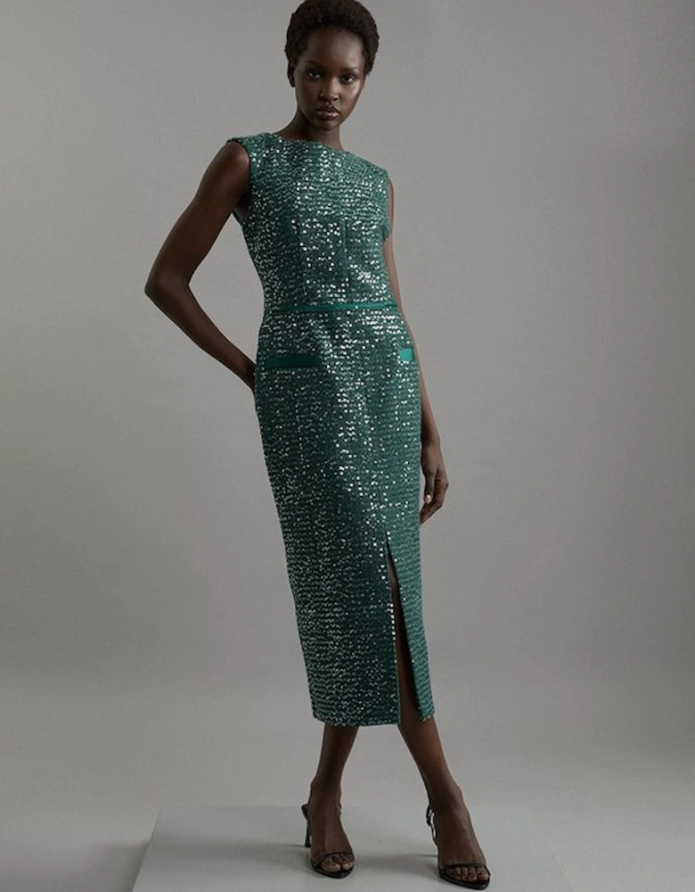 Tailored Sequin Tweed Drop Waist Midi Dress
