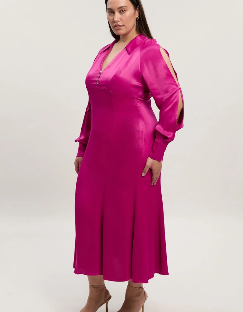 Plus Size Viscose Satin V Neck Long Sleeve Woven Midi Dress