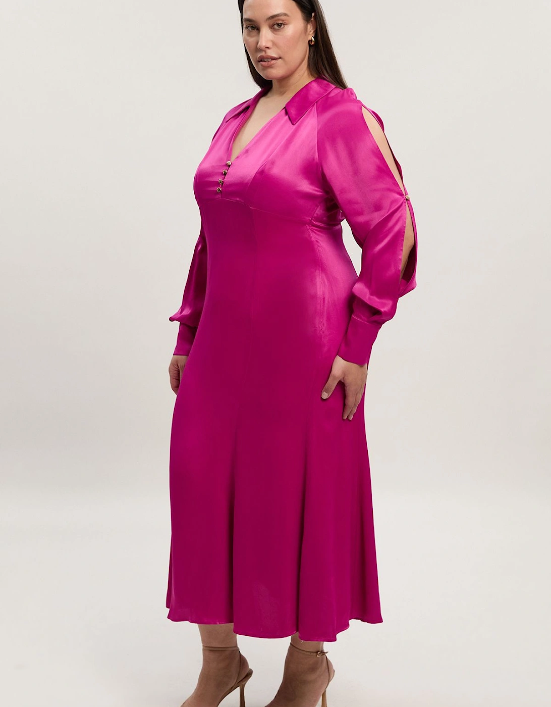 Plus Size Viscose Satin V Neck Long Sleeve Woven Midi Dress, 2 of 1