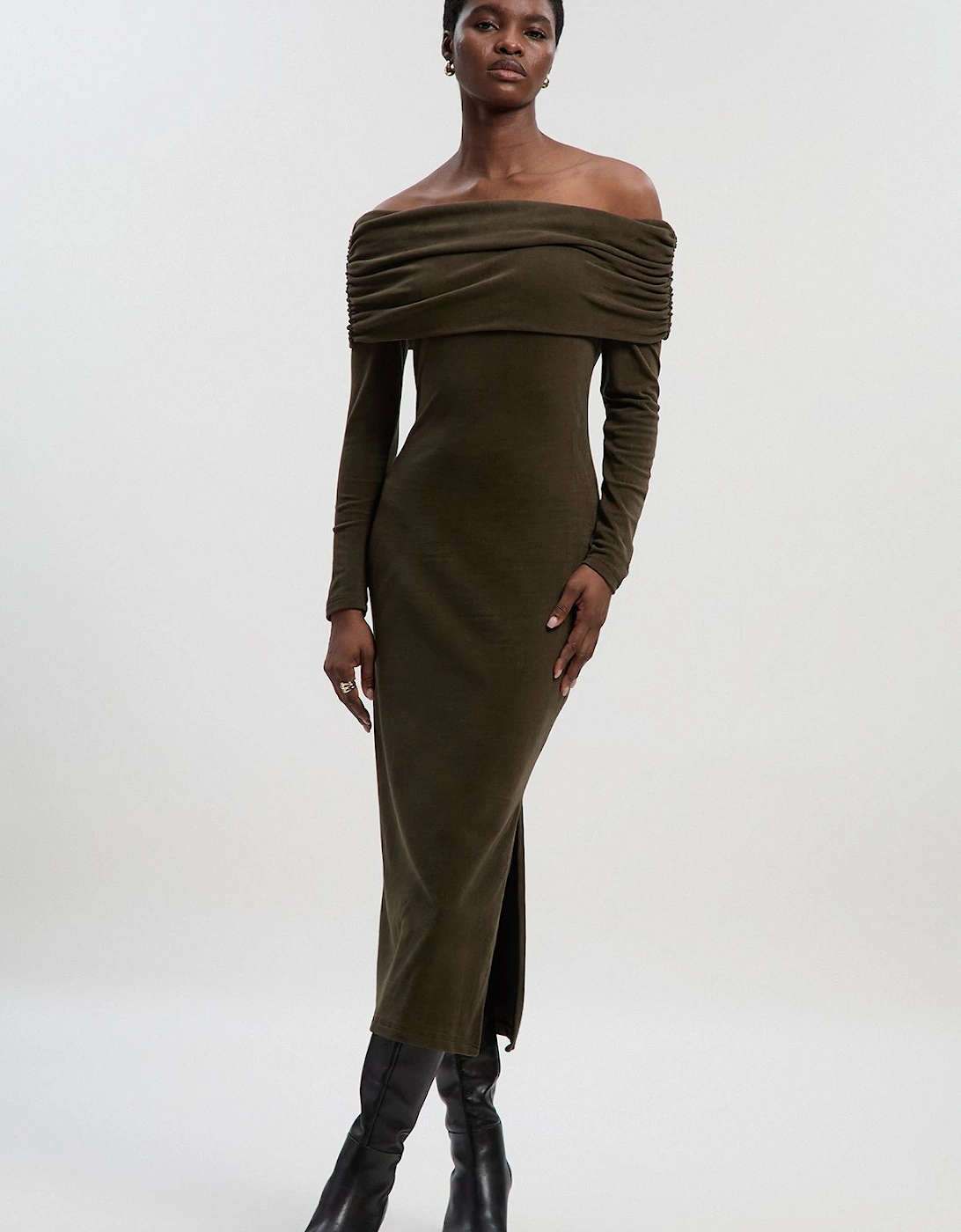 Petite Off The Shoulder Brushed Textured Jersey Midi Dress, 2 of 1