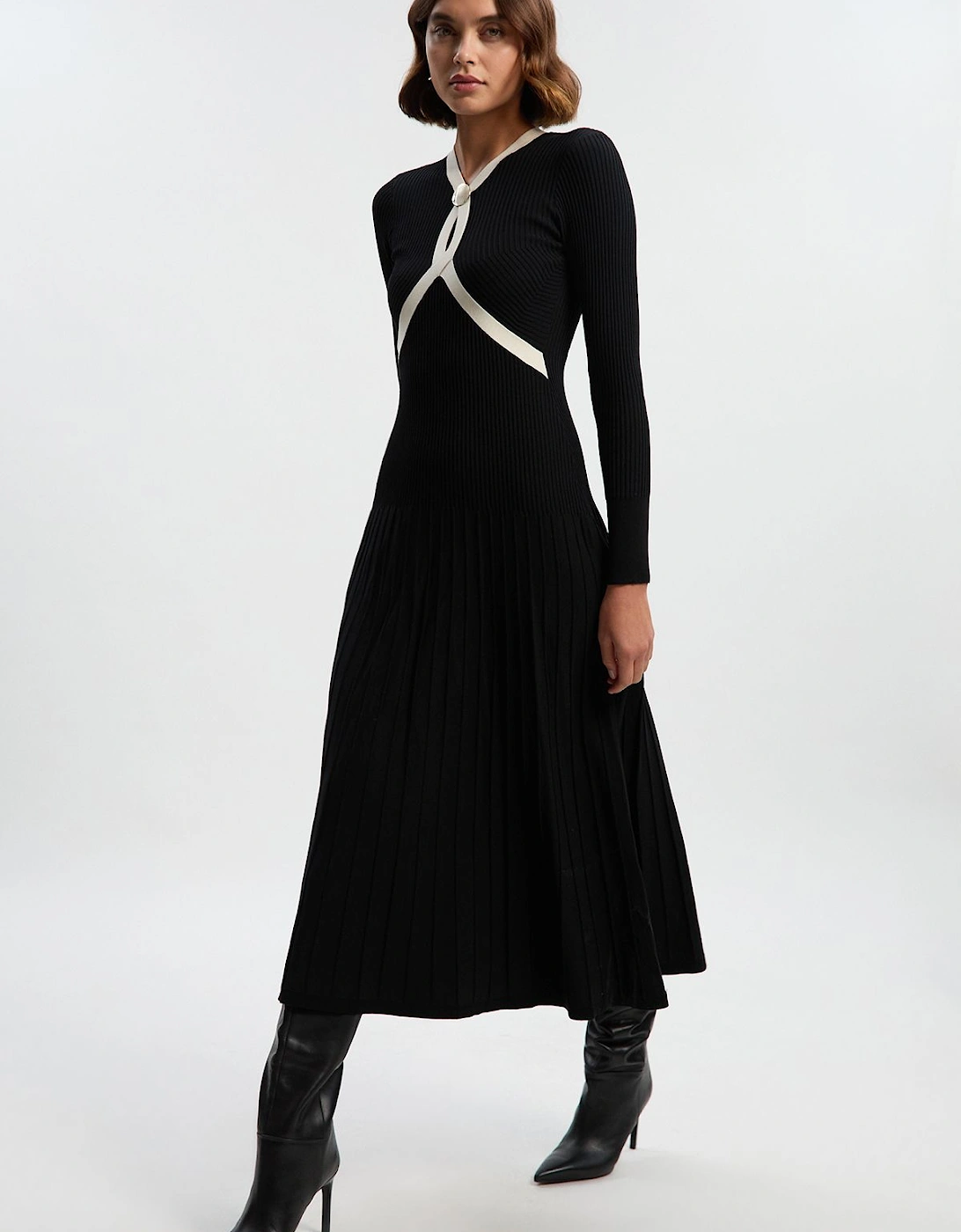 Petite Rib Knit Trim Detail Full Skirt Midi Dress, 2 of 1