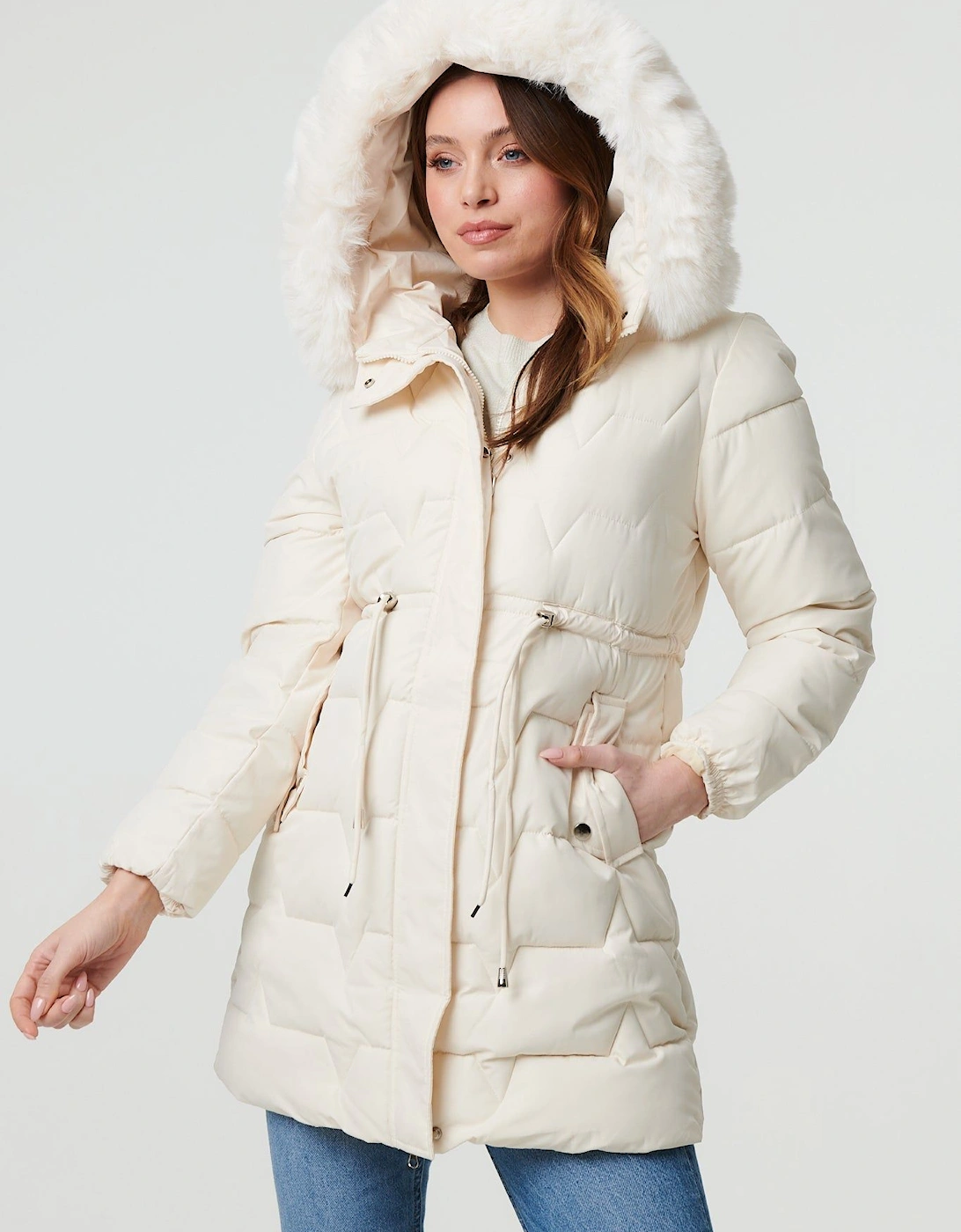 Faux Fur Hooded Tie Waist Puffer Jacket, 2 of 1