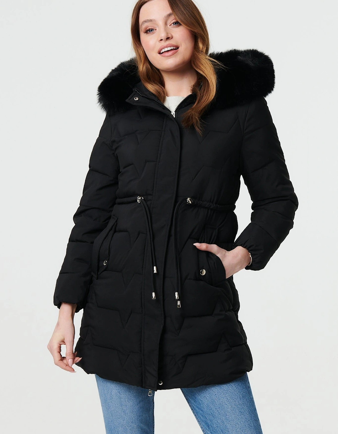 Faux Fur Hooded Tie Waist Puffer Jacket, 2 of 1