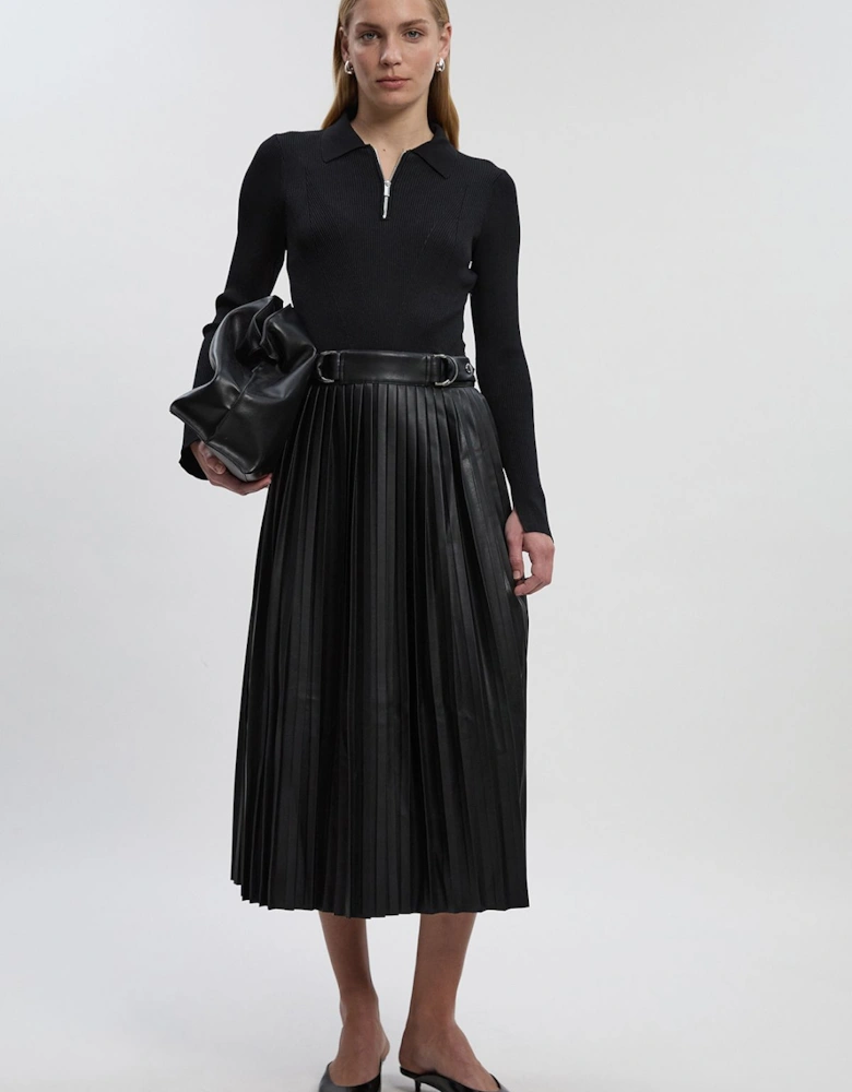 Petite Knitted Zip Neck Pu Mix Pleated Midi Dress