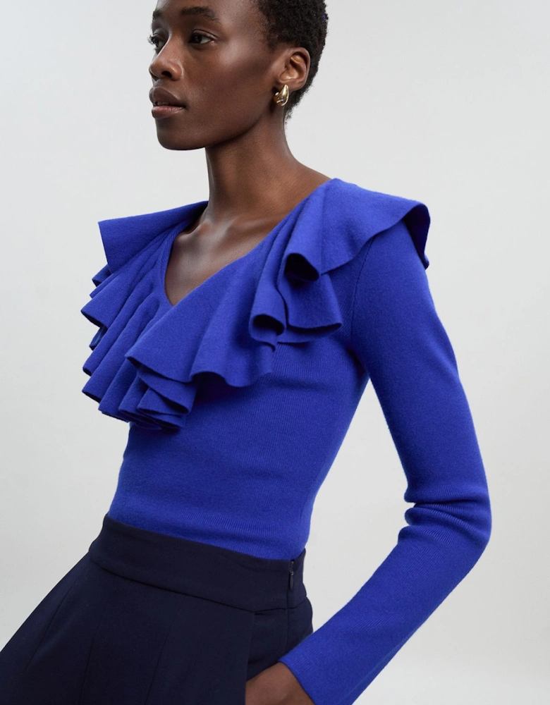 Compact Wool Look Ruffle V Neck Knit Top
