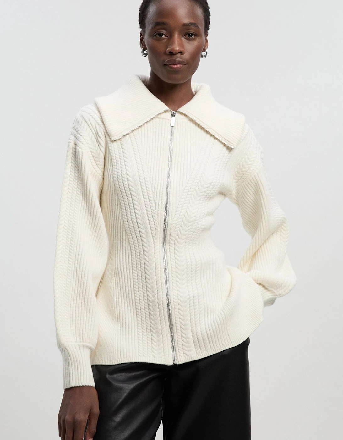 Cable Knit Balloon Sleeve Peplum Zip Through Cardigan, 2 of 1