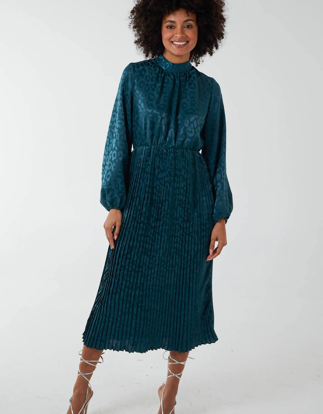 High Neck Blouson Pleated Midi Dress, 2 of 1