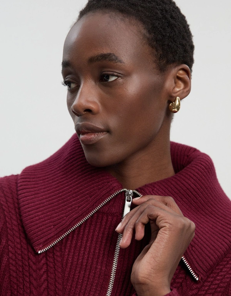 Cable Knit Balloon Sleeve Peplum Zip Through Cardigan