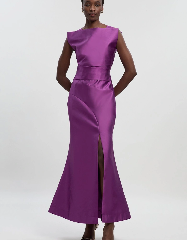 Satin Twill Draped Waist Structured Tailored Maxi Dress