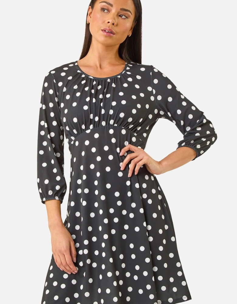 Petite Polka Dot Gathered Stretch Dress