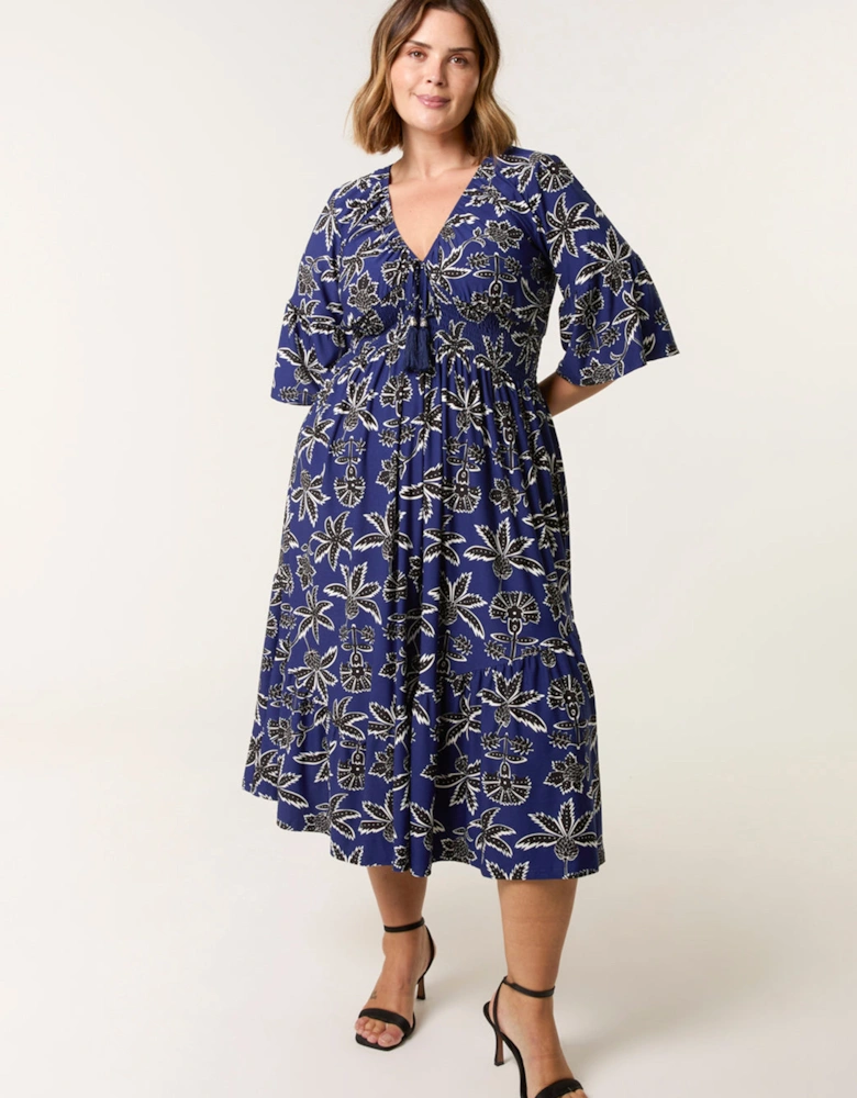 Blue Curve Elasticated V Neck Tassel Tie Midi Dress