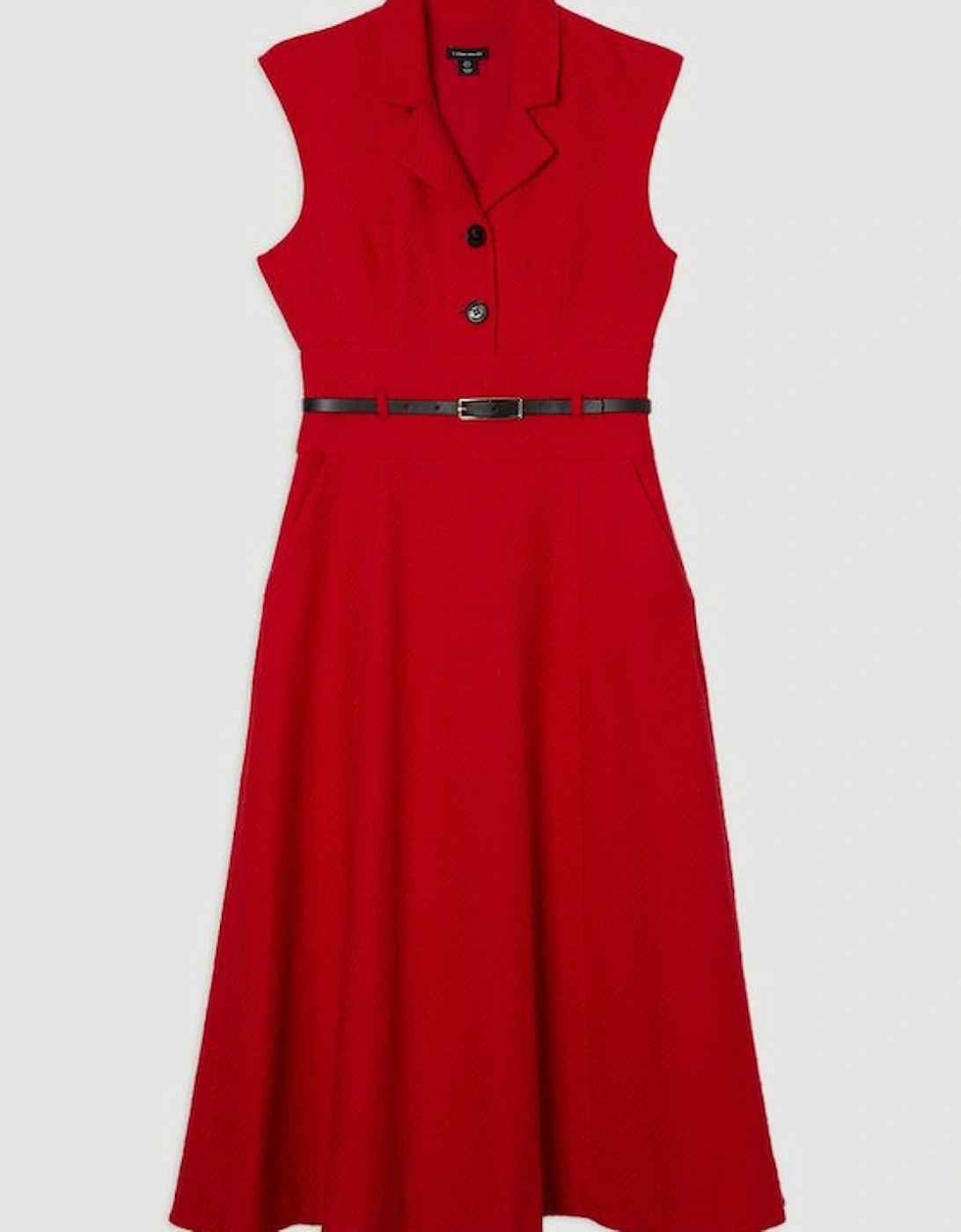 Textured Tweed Belted Full Skirted Midi Dress