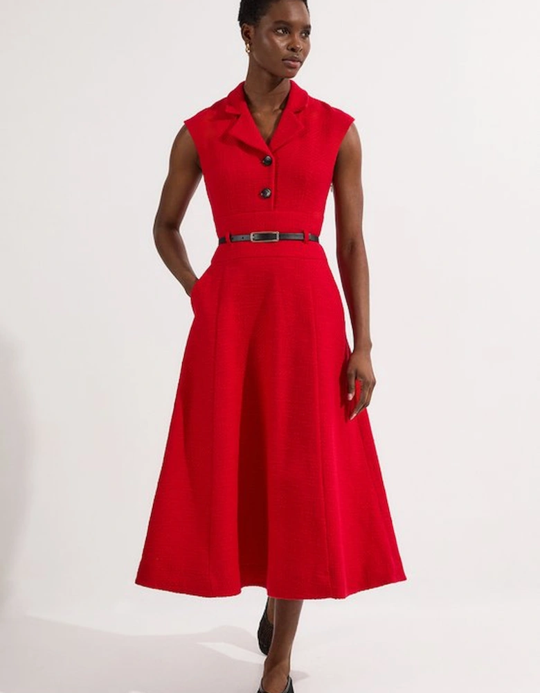 Textured Tweed Belted Full Skirted Midi Dress