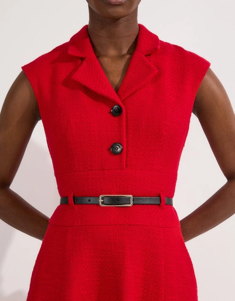 Textured Tweed Belted Full Skirted Midi Dress