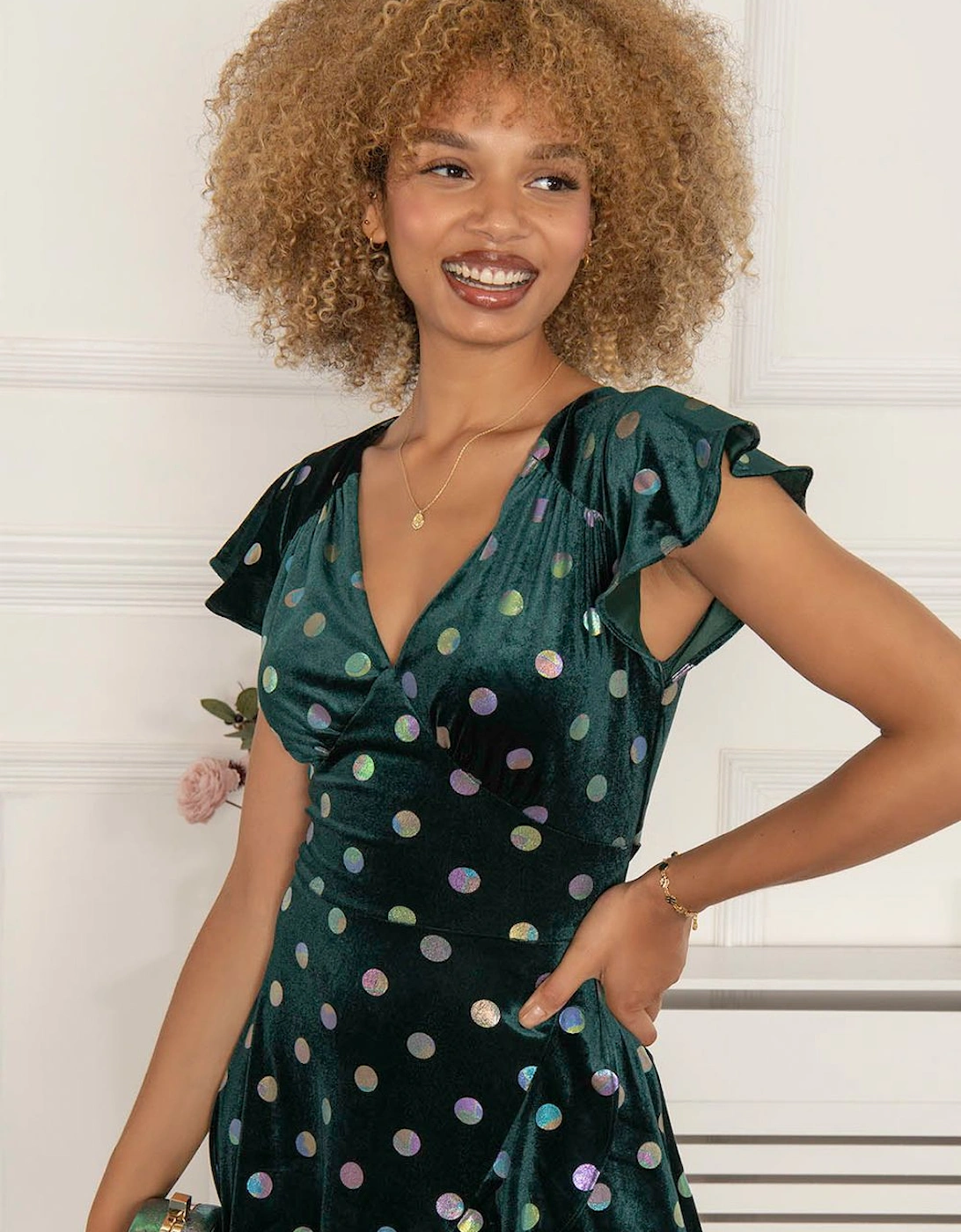 Frill V Neck Velvet Dress, 2 of 1