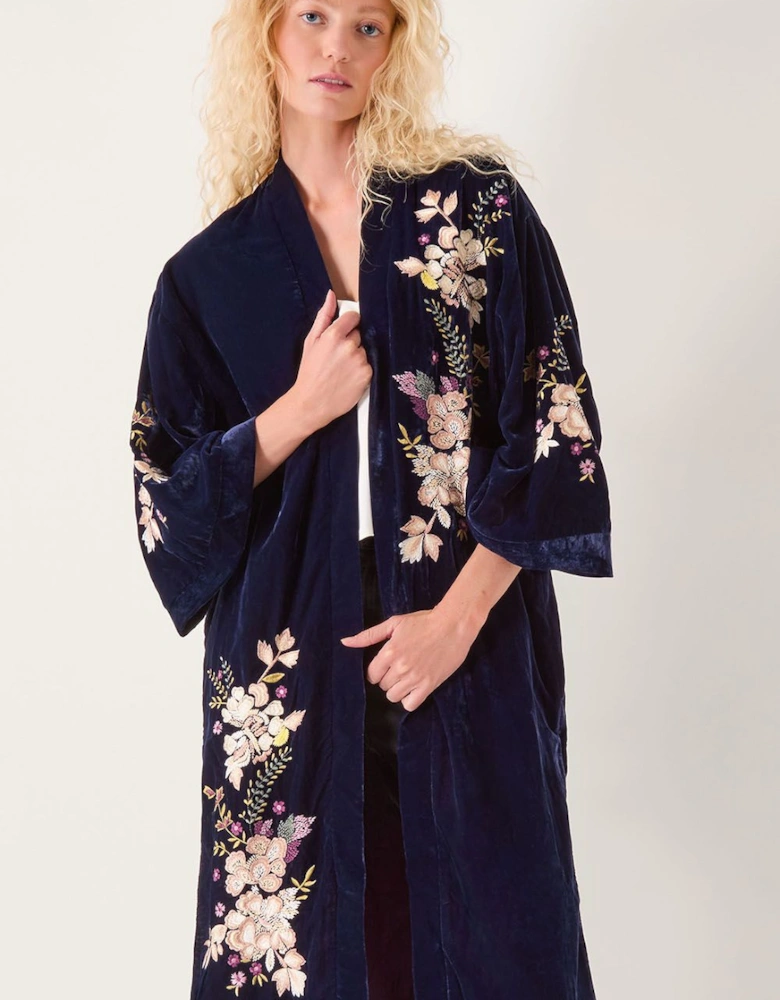 Fallon Embroidered Velvet Kimono  Blue