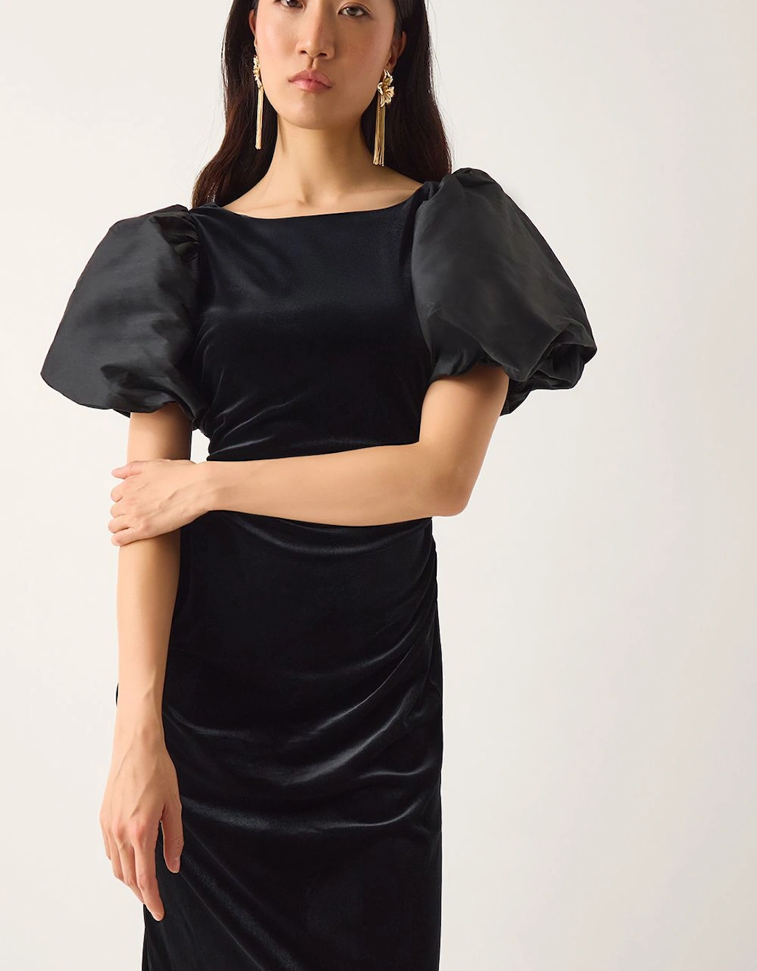 Sadie Puff Sleeve Velvet Midi Dress Black, 2 of 1