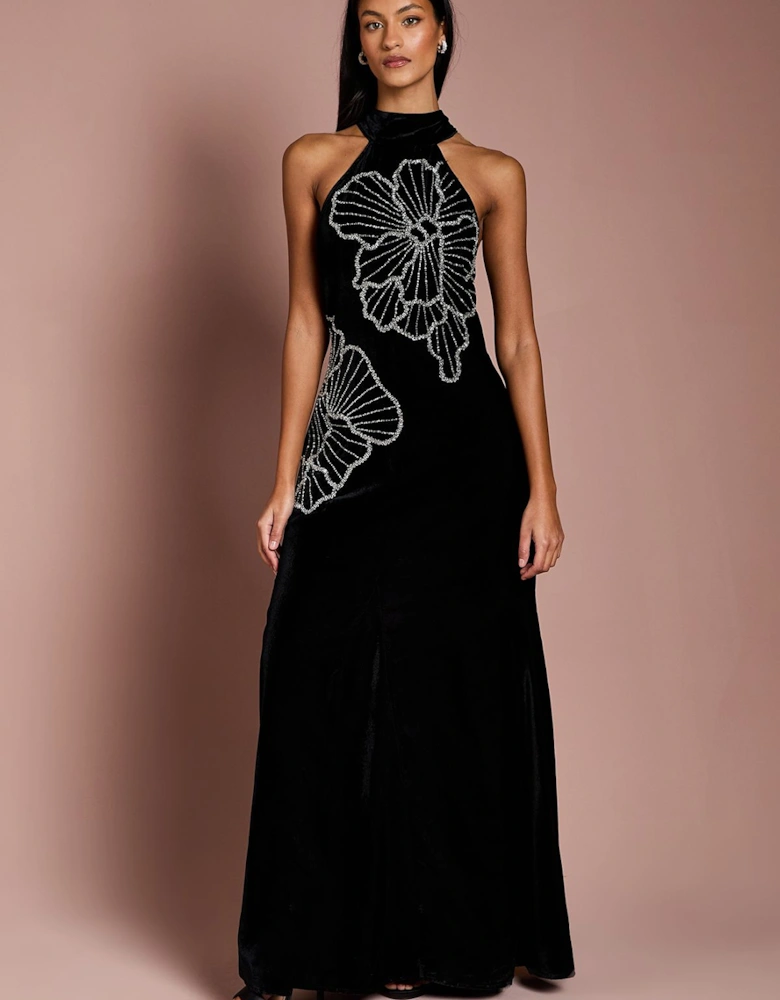 Petite Halter Neck Velvet Maxi Dress With Embellishment Flower