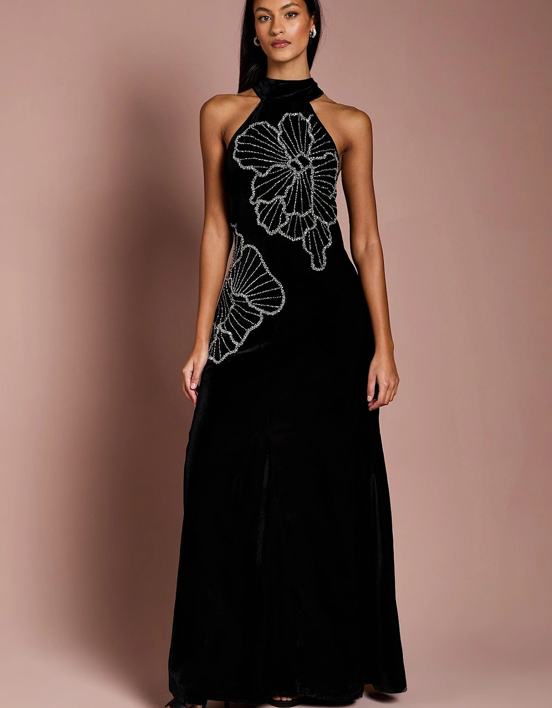 Petite Halter Neck Velvet Maxi Dress With Embellishment Flower, 2 of 1