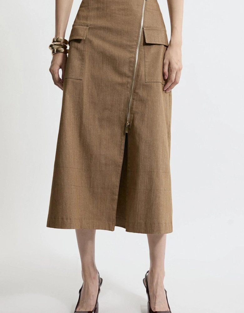Tailored Denim Asymmetric Wrap Zip Midi Skirt