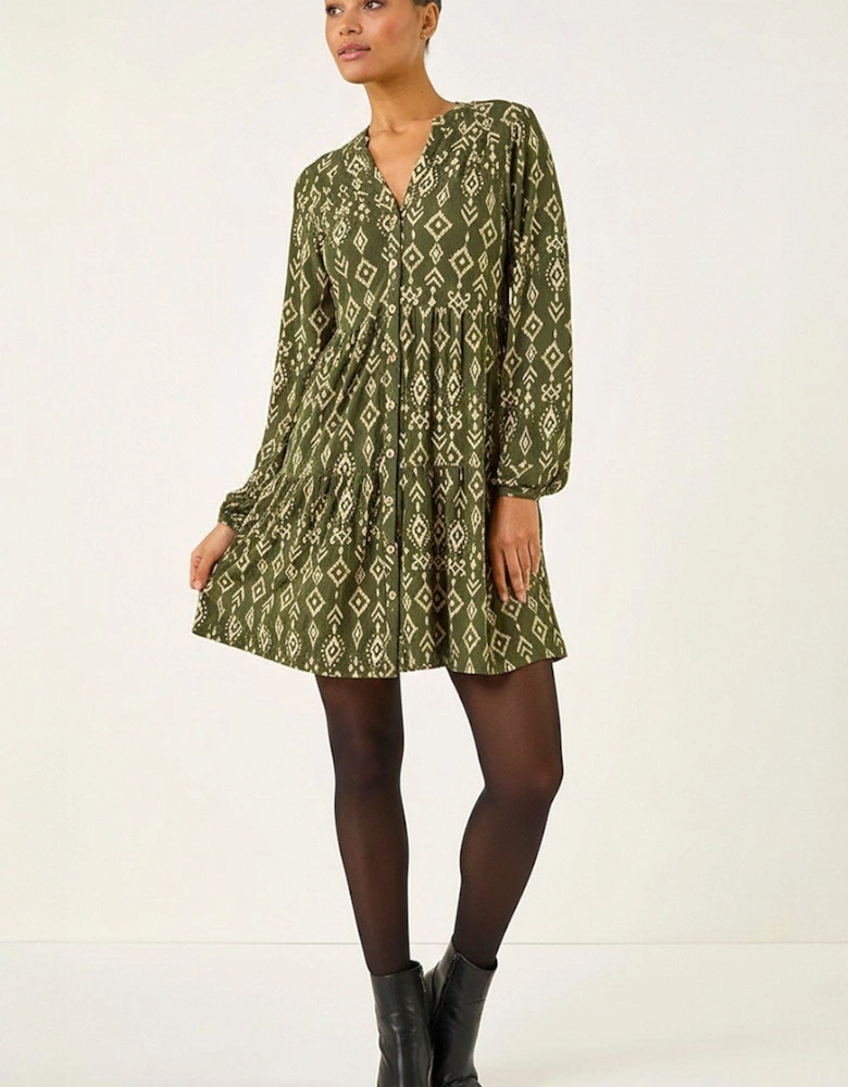 Aztec Print Button Stretch Swing Dress