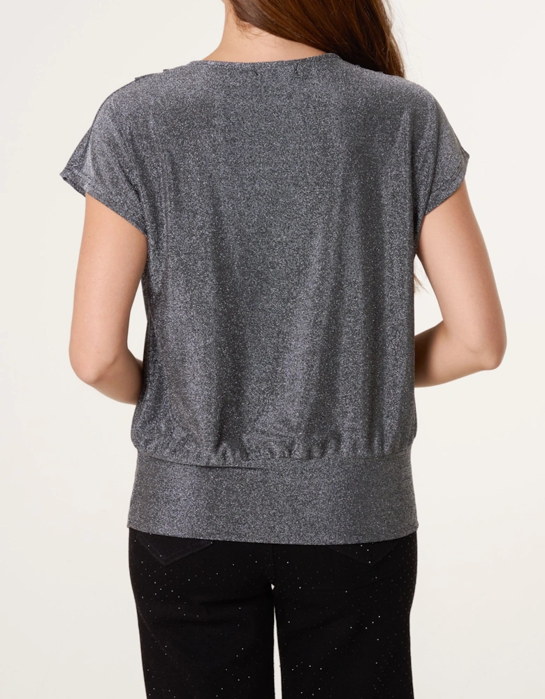 Silver Lurex Cowl Neck Draped Top