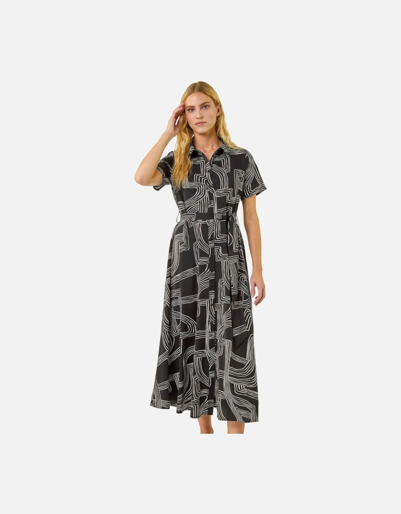 Geo Linear Print Shirt Midi Dress
