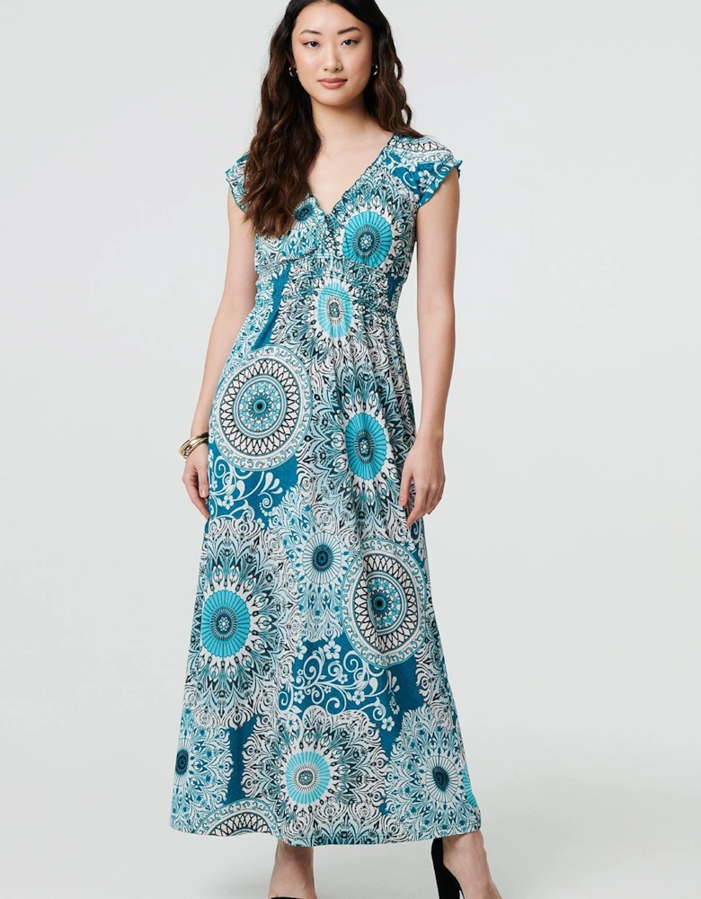 Mosaic Print Cap Sleeve Empire Maxi Dress
