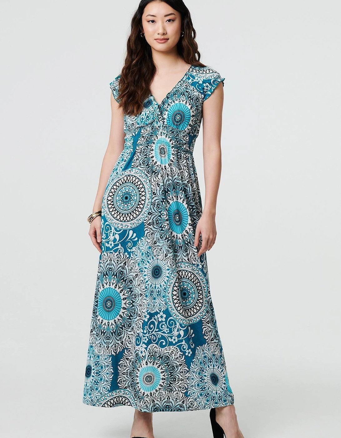 Mosaic Print Cap Sleeve Empire Maxi Dress, 2 of 1