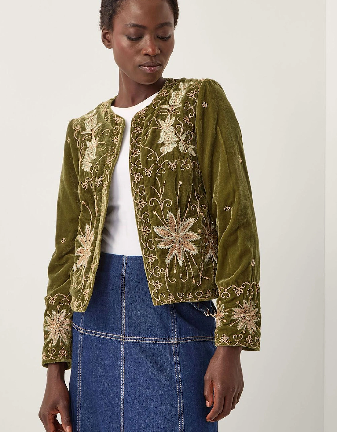 Magda Floral Embroidered Velvet Jacket Green, 2 of 1