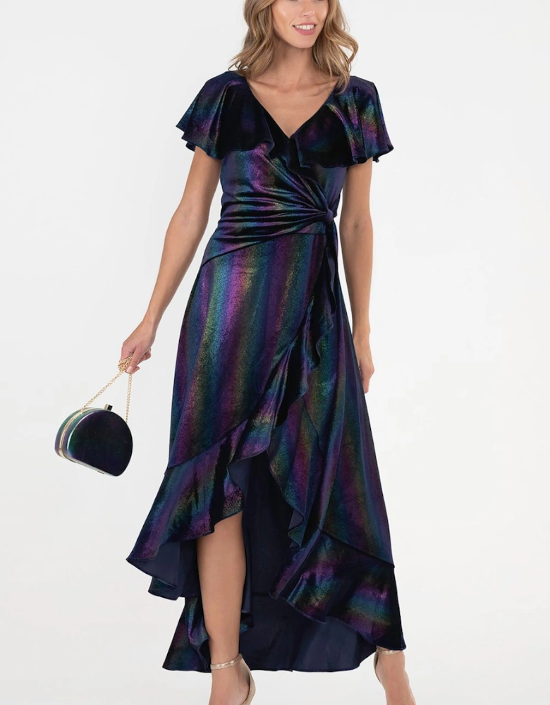 Print Ruffle Dip Hem Velvet Dress