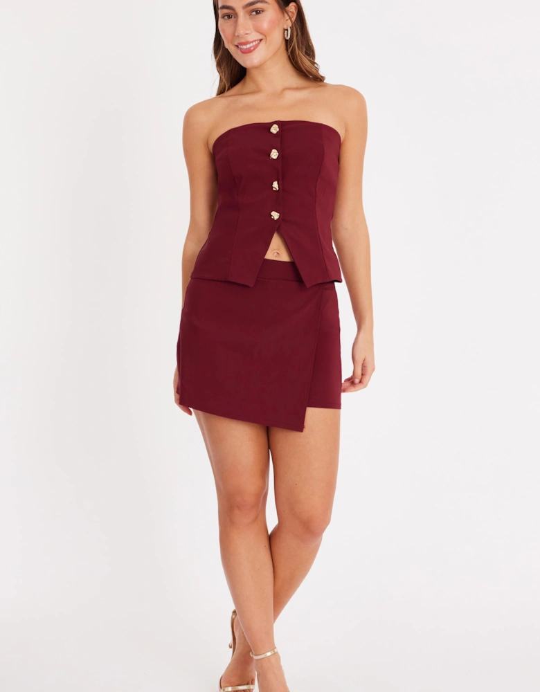 Burgundy Button Embellished Wrap Skort
