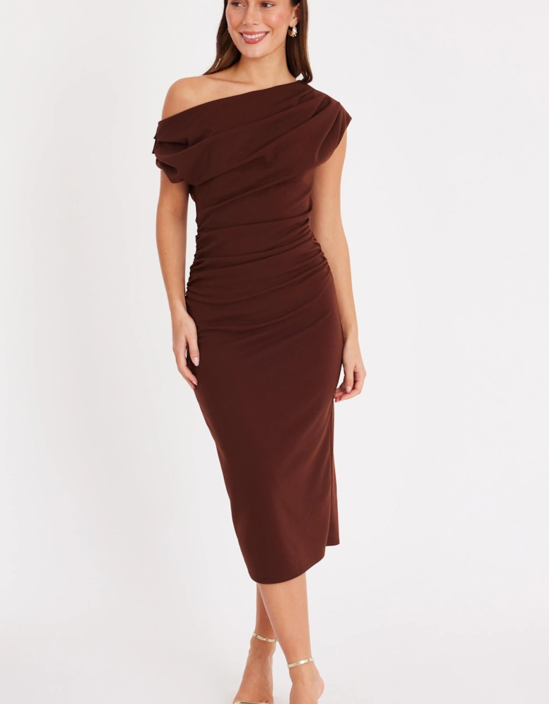 Brown Ruched Off Shoulder Midi Dress