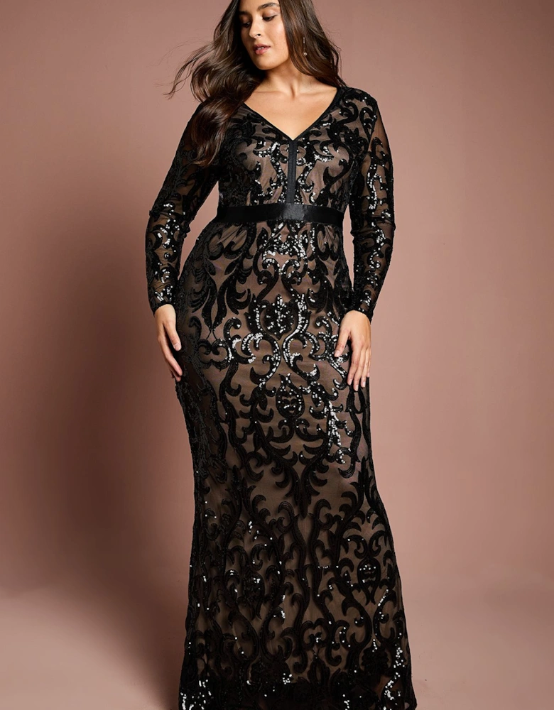 Plus Size Long Sleeve Sequin Maxi  Dress