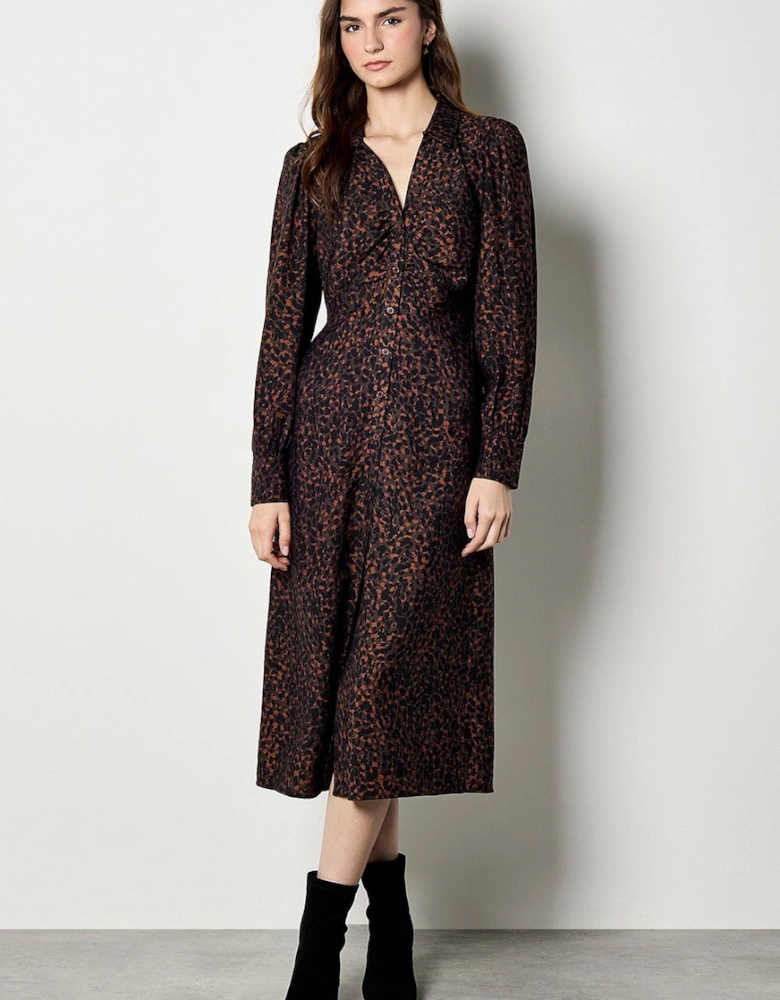 Animal Print Ruched Shirt Midi Dress
