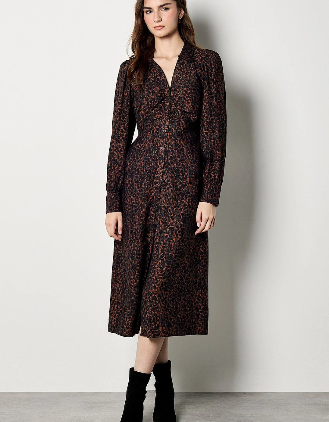 Animal Print Ruched Shirt Midi Dress, 2 of 1
