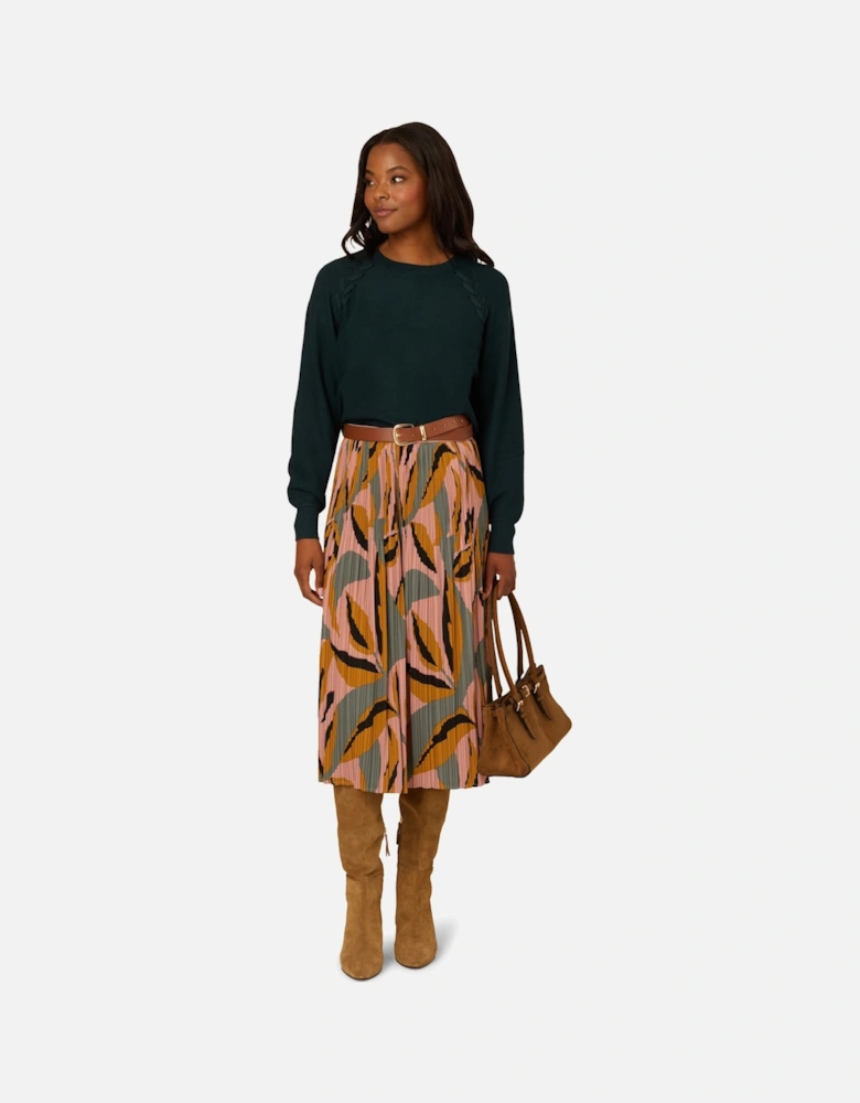 Pull On Pleated Midi Skirt With Elastic Waistband