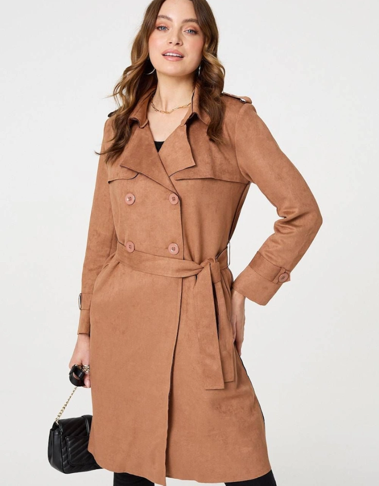 Faux Suede Button Front Trench Coat