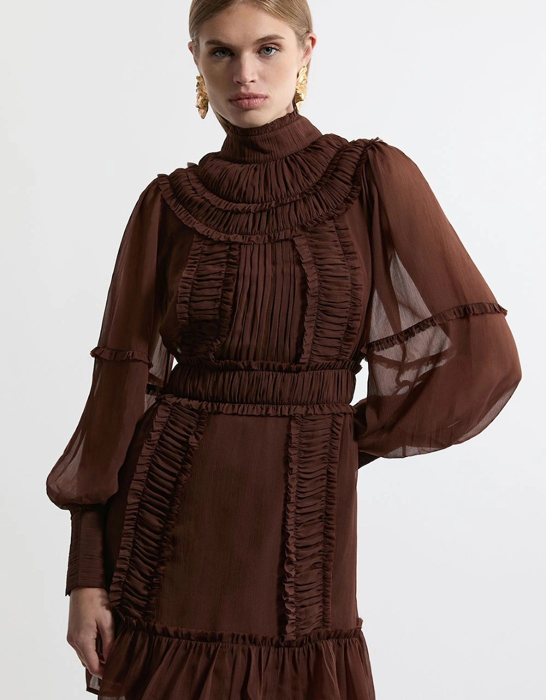 Pleat Crinkle High Neck Drama Sleeve Woven Mini Dress, 2 of 1