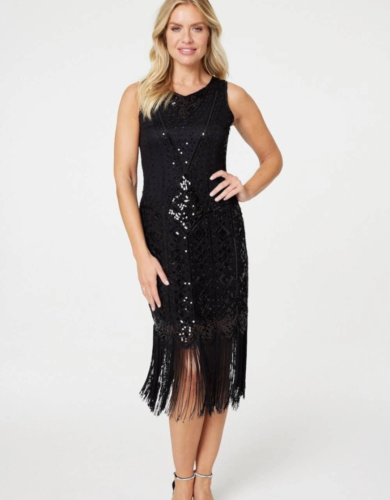 Sequin Fringed Hem Midi Shift Dress