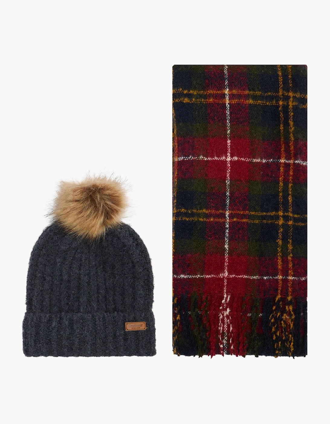 Barbour Unisex Black Saltburn Beanie & Tartan Scarf Set - Size: One Size